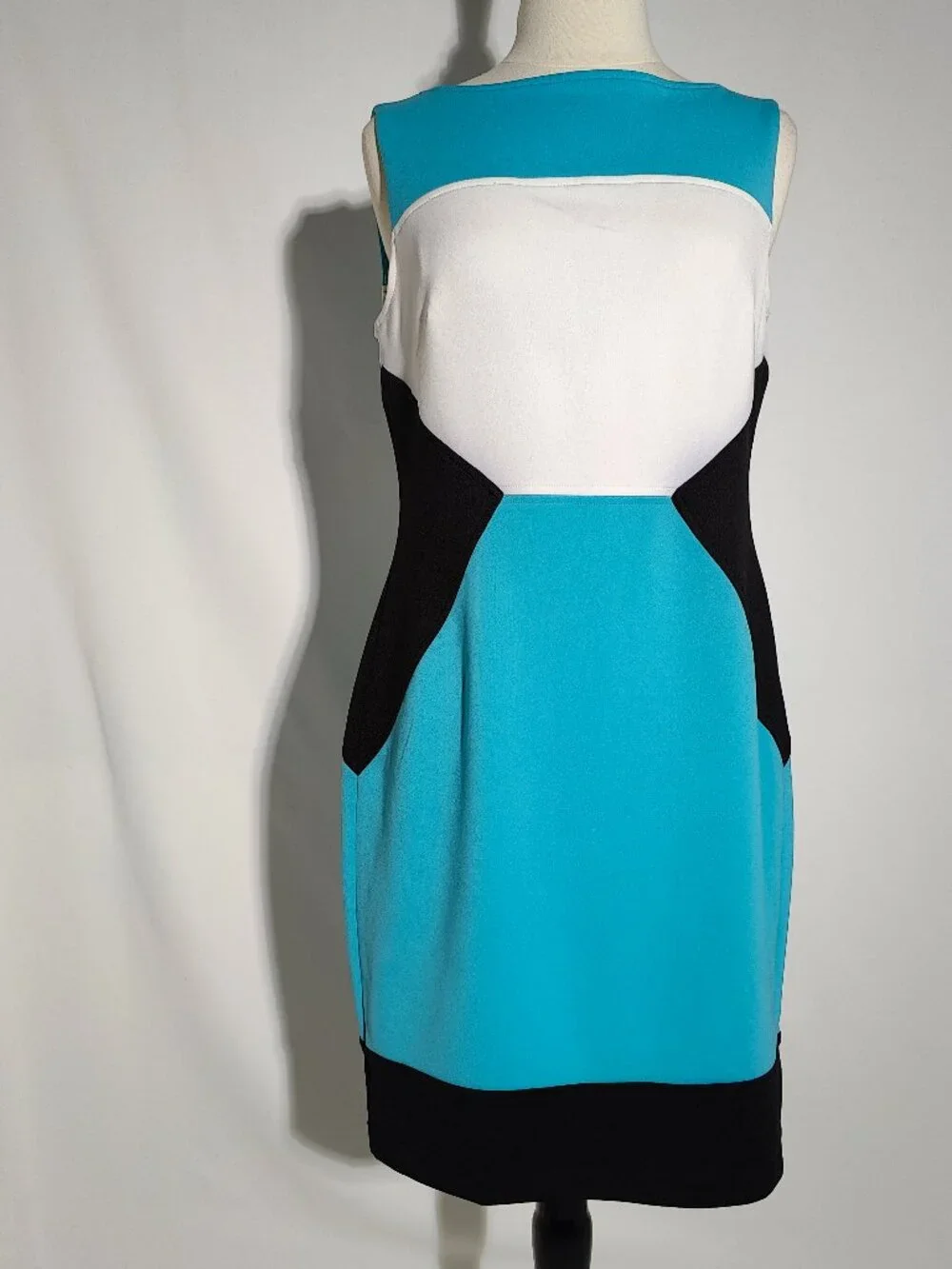 Maggy London Blue White Black Colorblock Illusion Sheath Dress Size 10 Medium